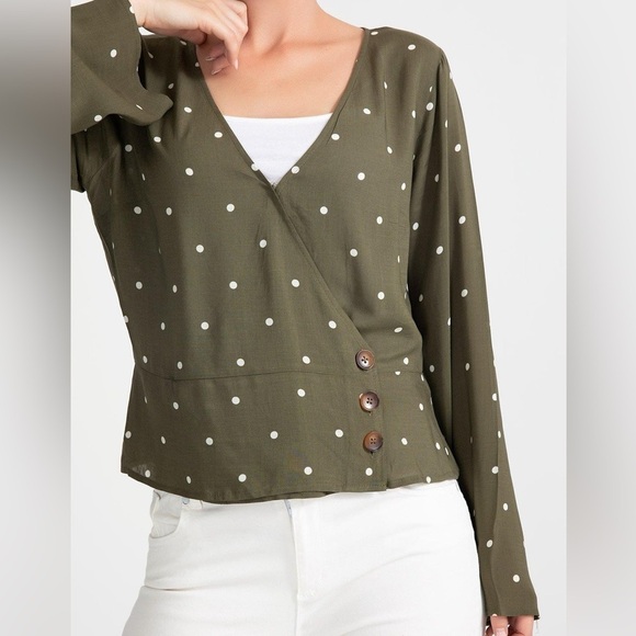 Abercrombie & Fitch Olive Green & White Polka Dot Long sleeve Wrap Blouse-size S - Picture 2 of 13